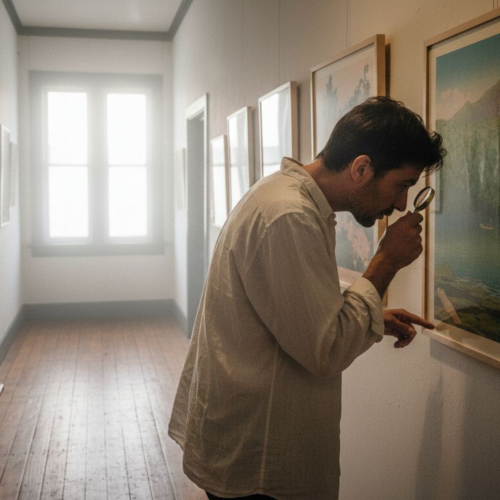 Curator examining framed vintage Japanese poster