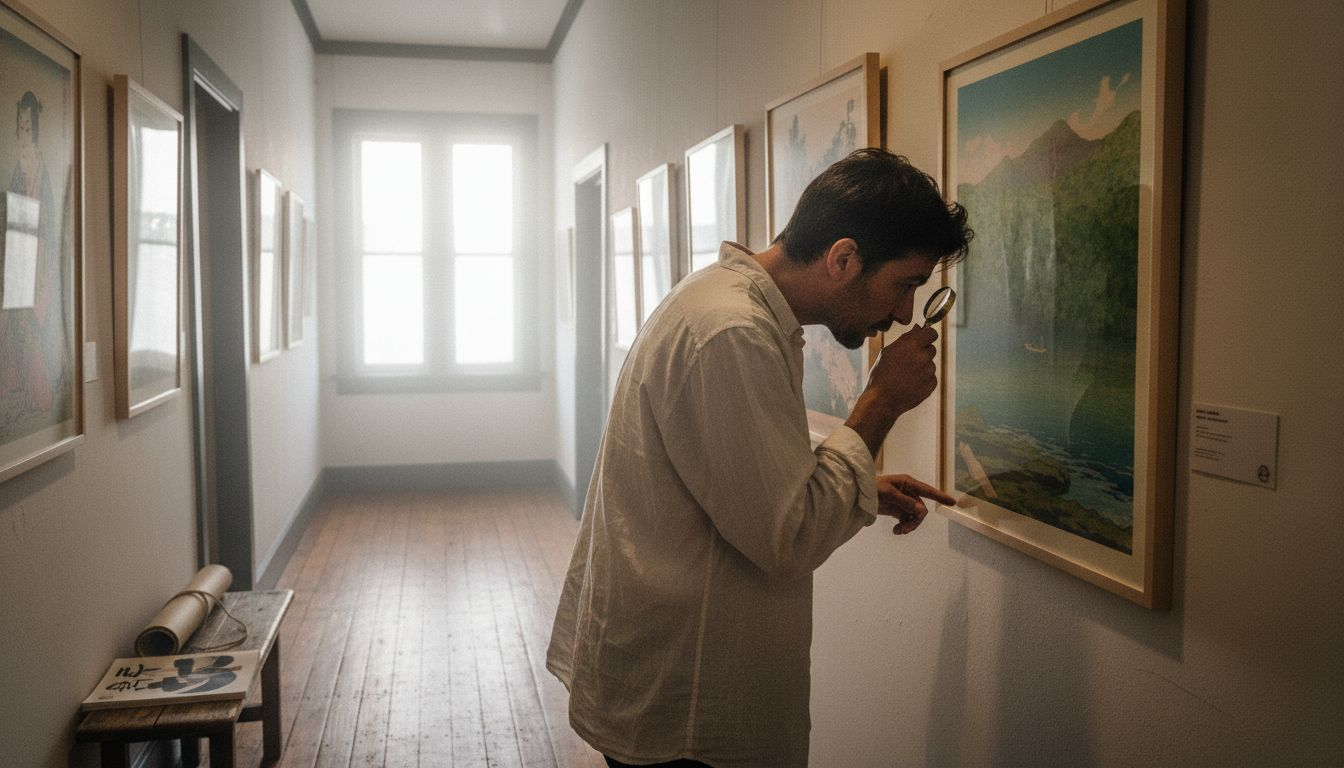 Curator examining framed vintage Japanese poster