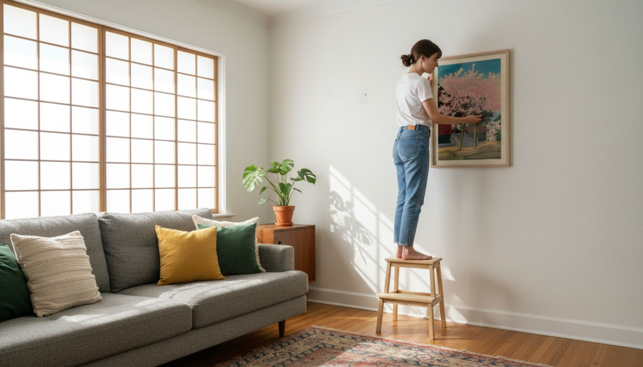 Woman hanging Japanese vintage poster in living room