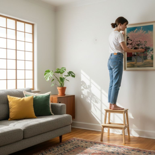 Woman hanging Japanese vintage poster in living room