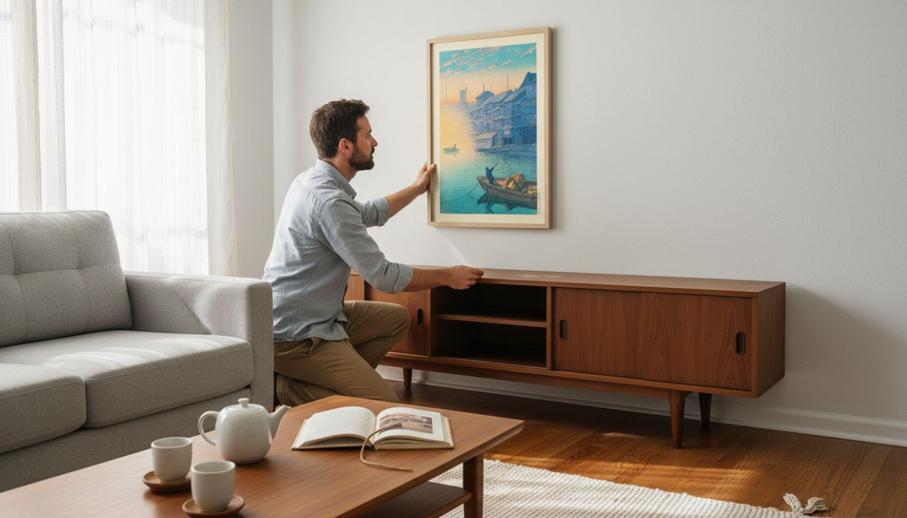 Man hanging vintage Japanese poster in apartment