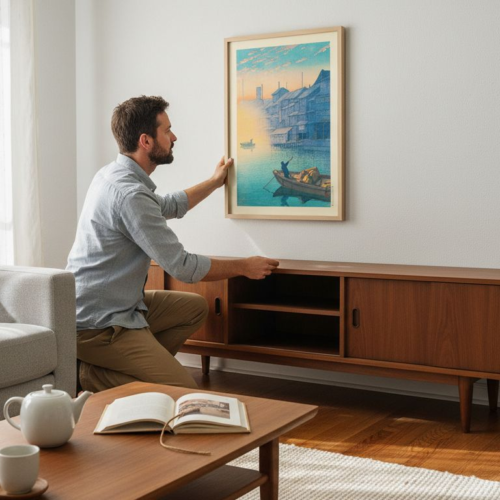 Man hanging vintage Japanese poster in apartment