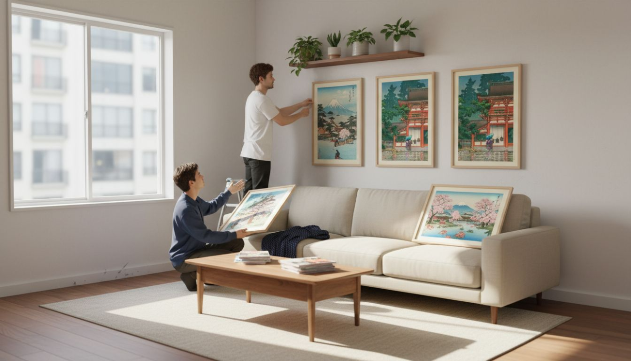 Couple arranging Japanese wall art in living room