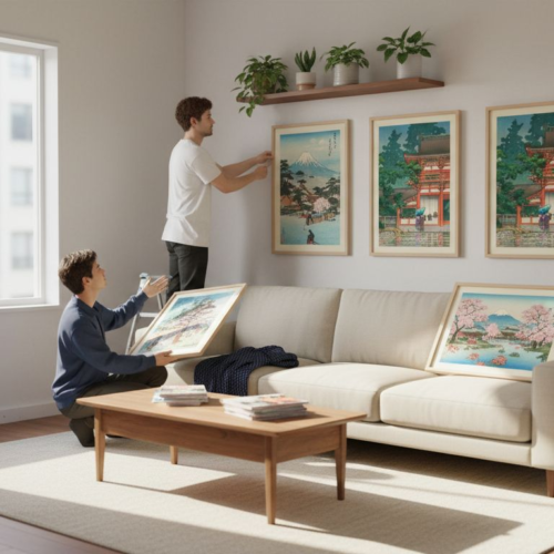 Couple arranging Japanese wall art in living room