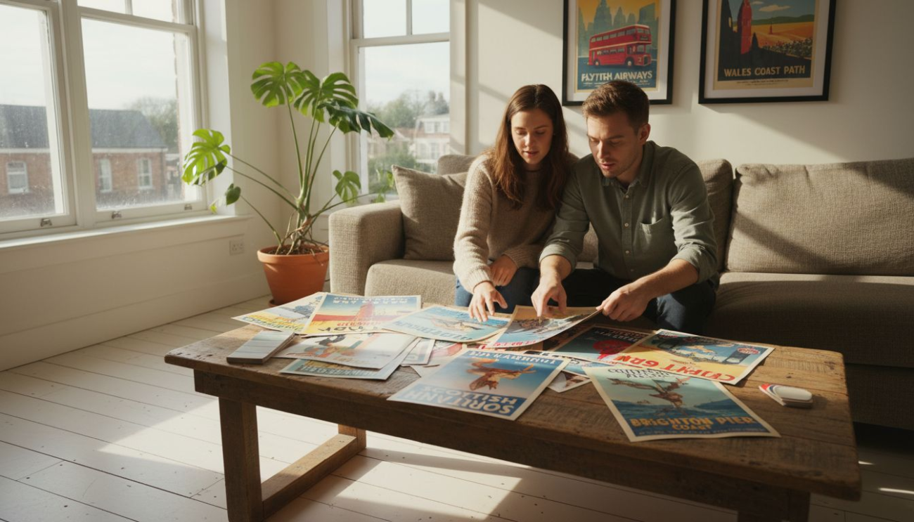 Couple choosing vintage posters in living room