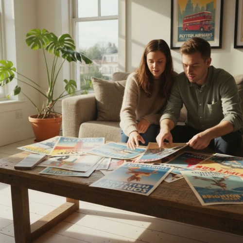 Couple choosing vintage posters in living room