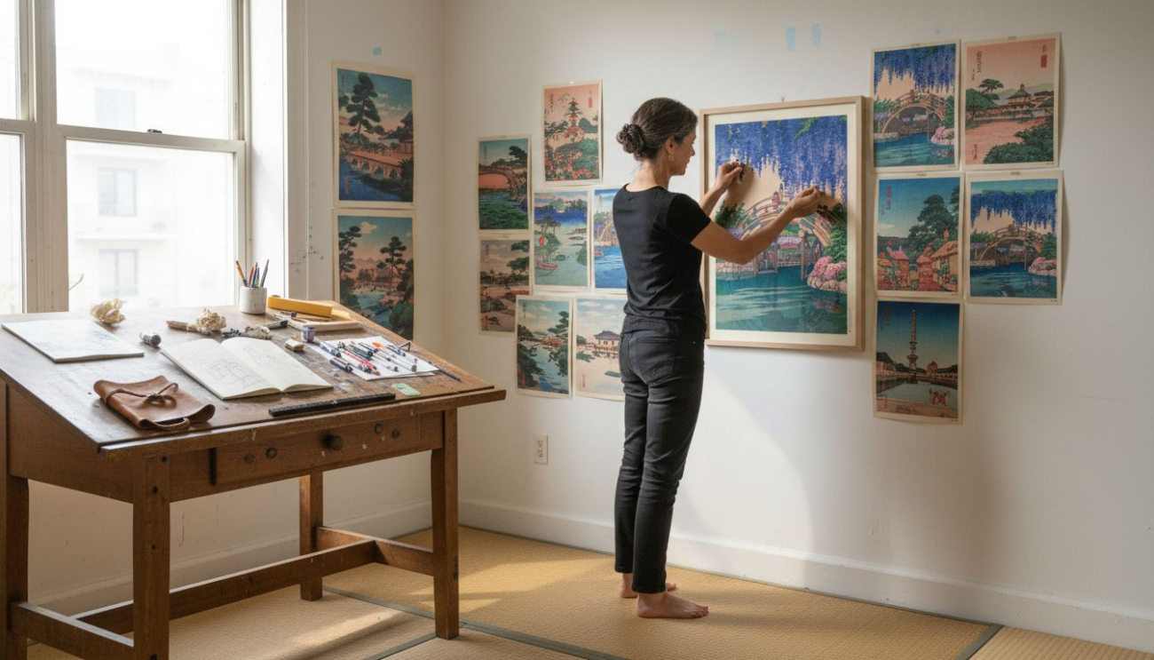 Designer hangs vintage Japanese poster in studio