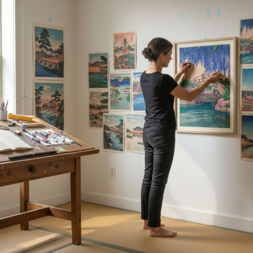 Designer hangs vintage Japanese poster in studio