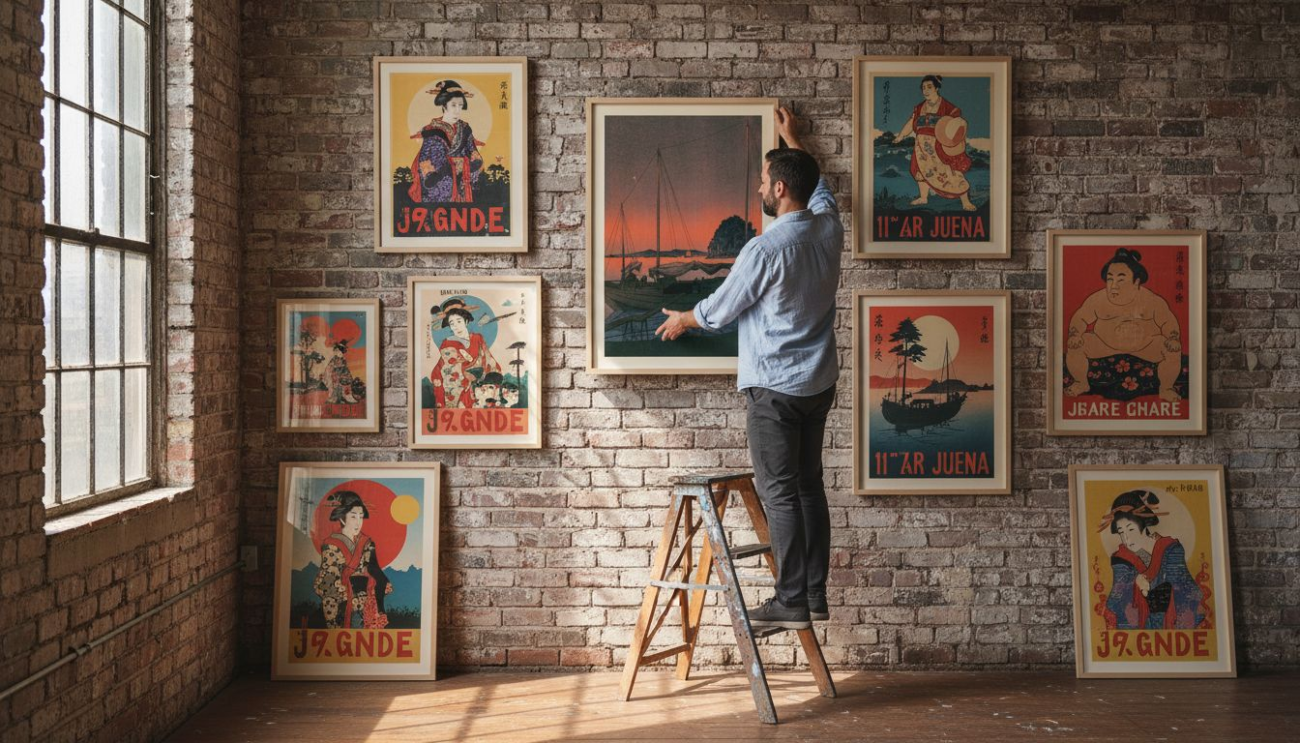 Curator arranging vintage Japanese posters