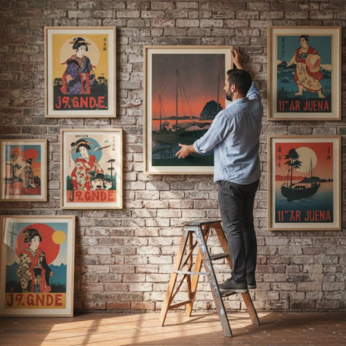 Curator arranging vintage Japanese posters