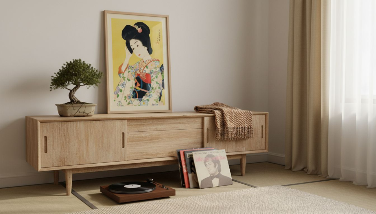 Japanese art poster in retro living room