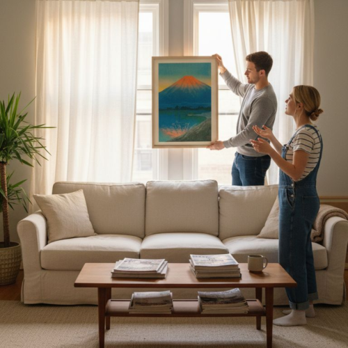 Couple hanging Japanese prints in modern apartment
