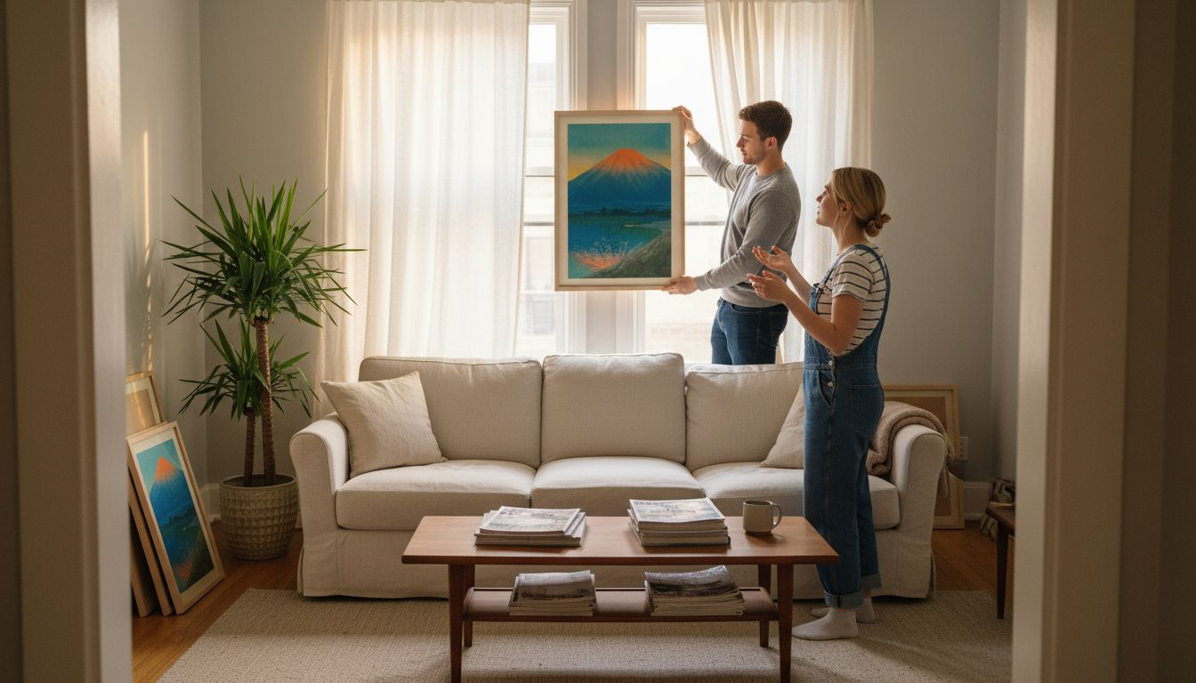 Couple hanging Japanese prints in modern apartment
