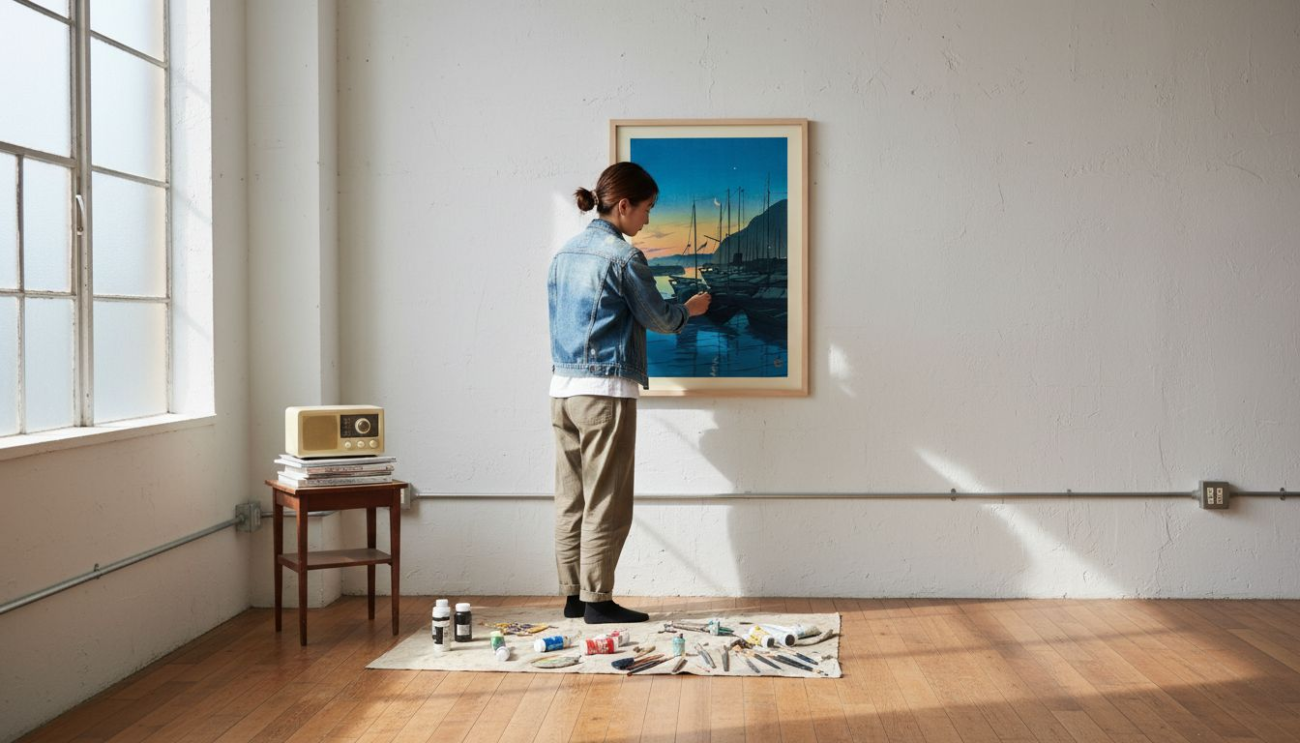Designer pinning retro Japanese poster in studio