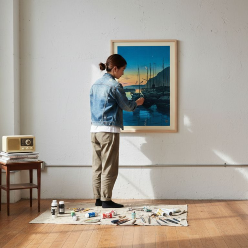 Designer pinning retro Japanese poster in studio