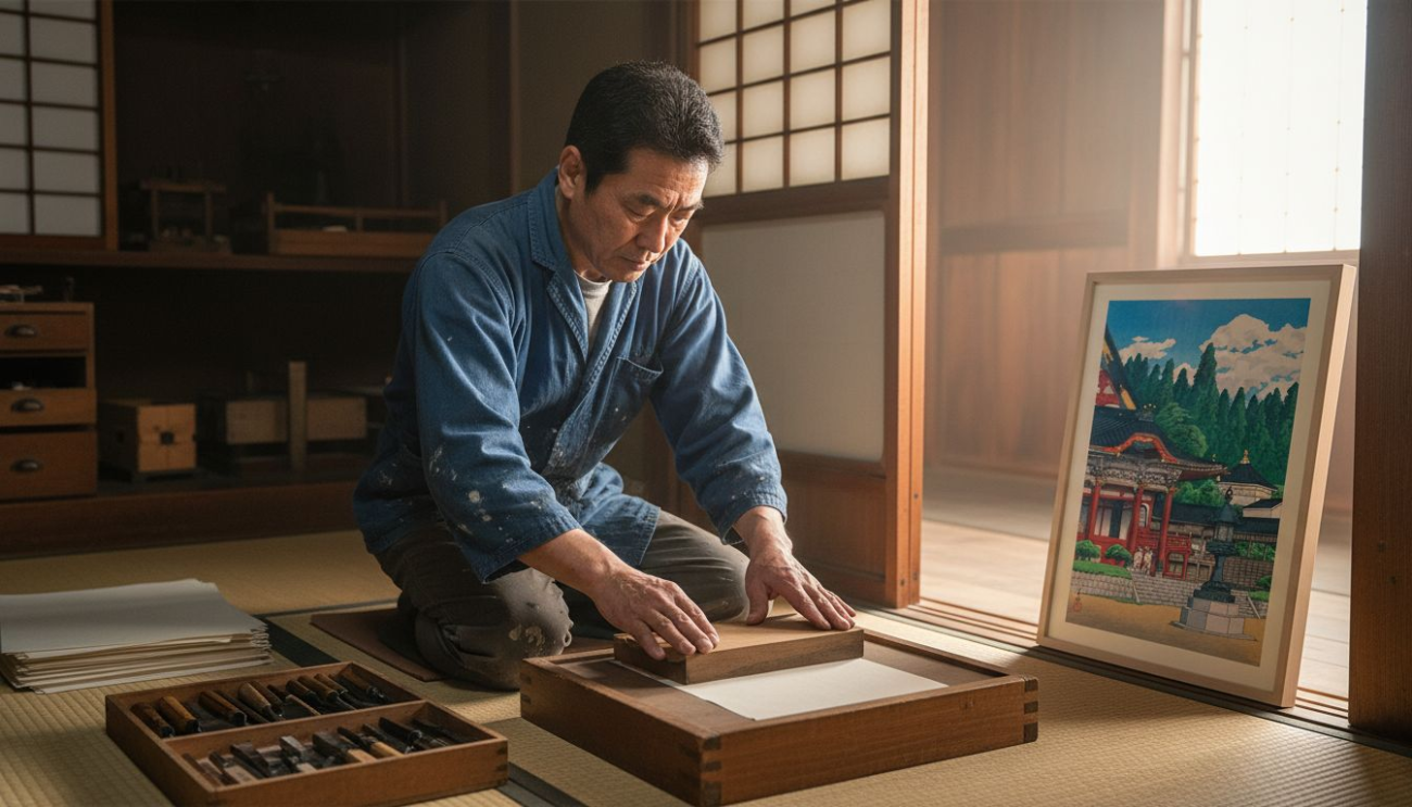 Japanese artist preparing woodblock in traditional studio