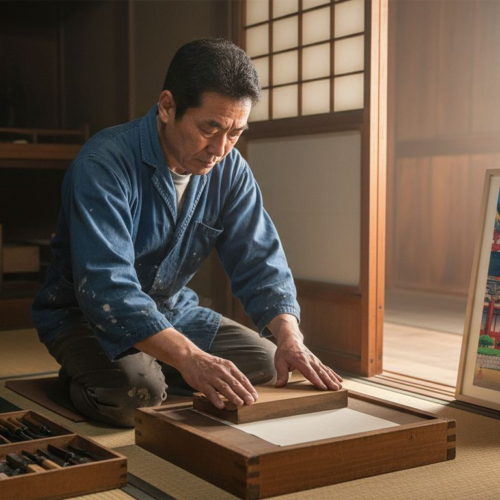 Japanese artist preparing woodblock in traditional studio