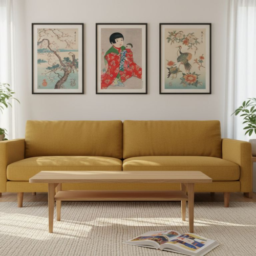 Japanese art prints displayed in bright living room