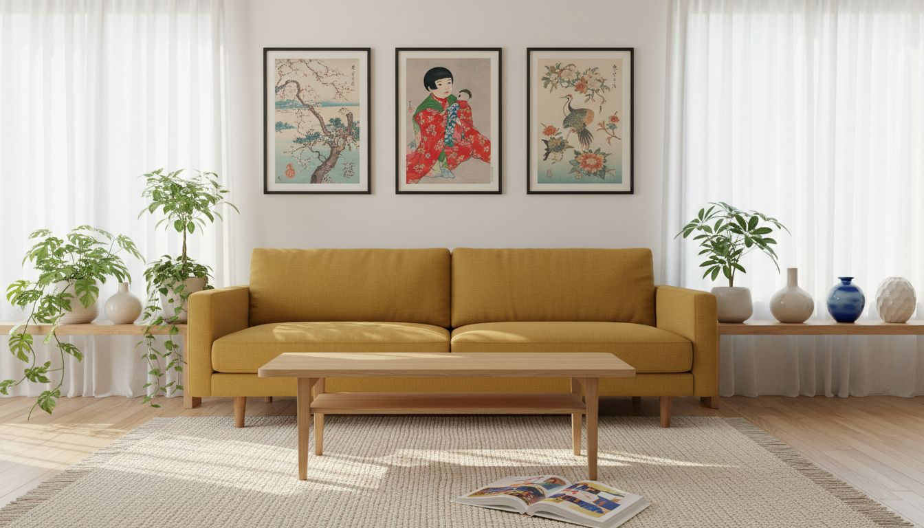 Japanese art prints displayed in bright living room