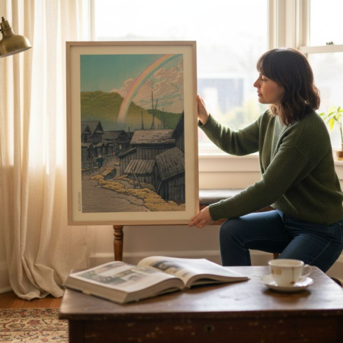Woman hanging Hasui print in vintage living room