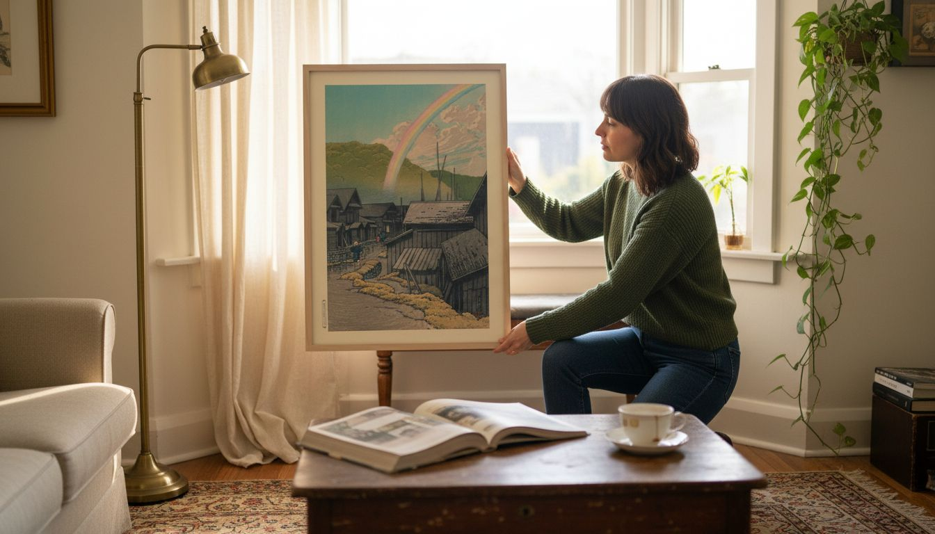 Woman hanging Hasui print in vintage living room