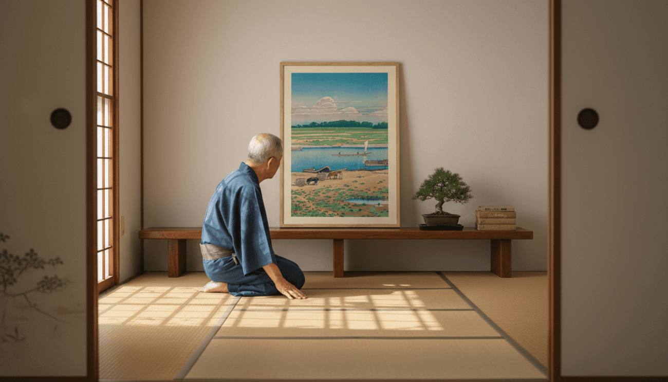 Hasui Kawase print in vintage Japanese room