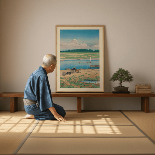 Hasui Kawase print in vintage Japanese room