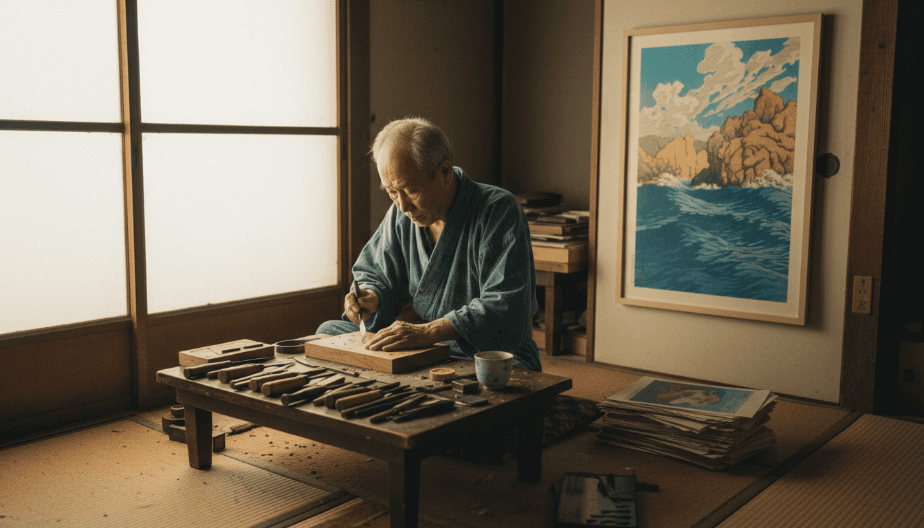 Japanese printmaker carving in studio