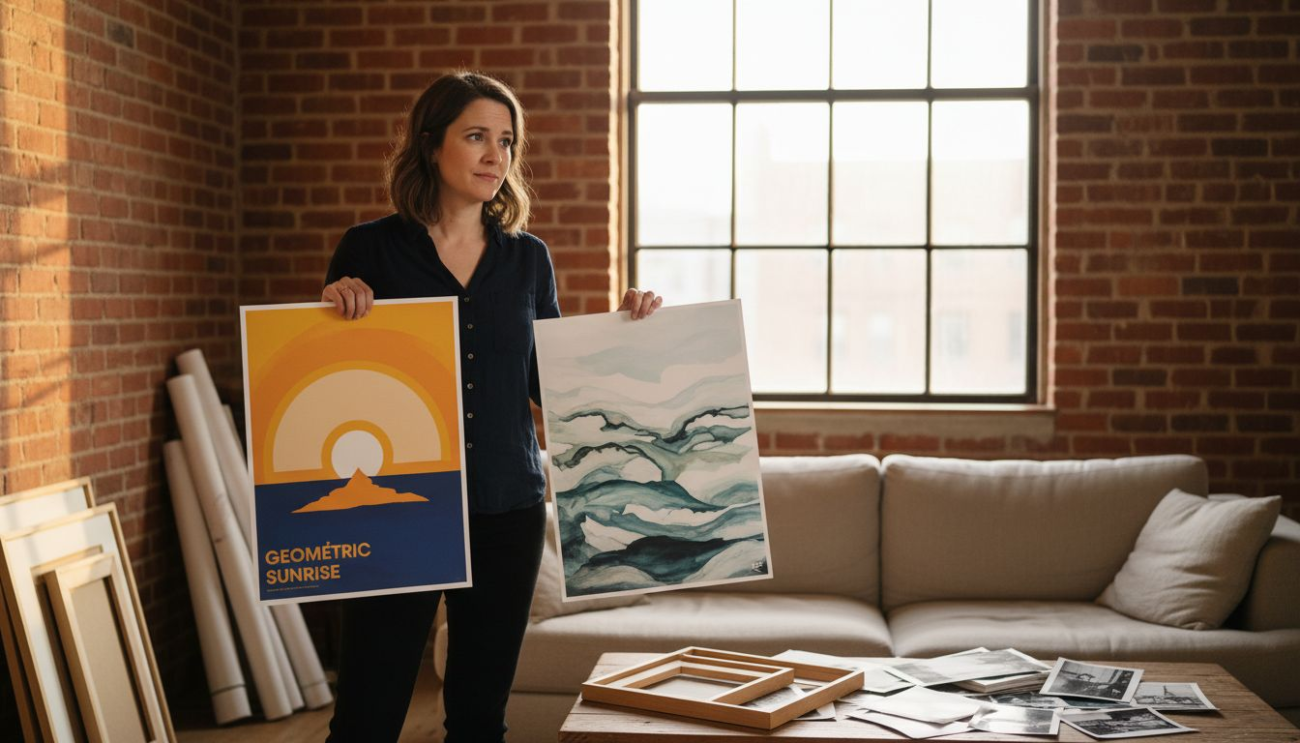Decorator comparing poster and print in home