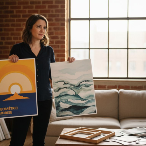 Decorator comparing poster and print in home