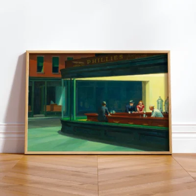 Horizontal art print of Nighthawks leaning on white wall