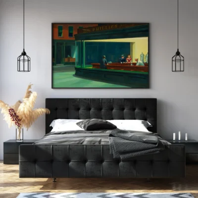 Nighthawks framed print hanging above bed in modern room