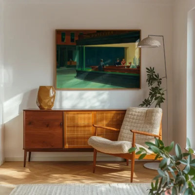Nighthawks print styled in mid-century interior