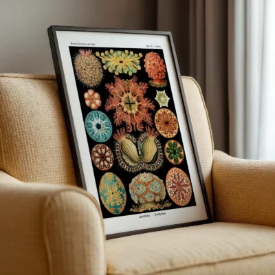 Ernst Haeckel Ascidiae poster leaning on beige armchair