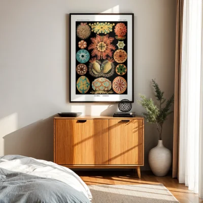 Ernst Haeckel Ascidiae print above wooden cabinet in bedroom