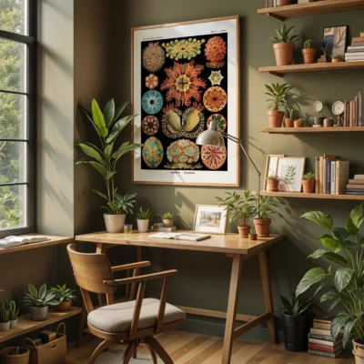 Ernst Haeckel Ascidiae poster displayed in home office with plants