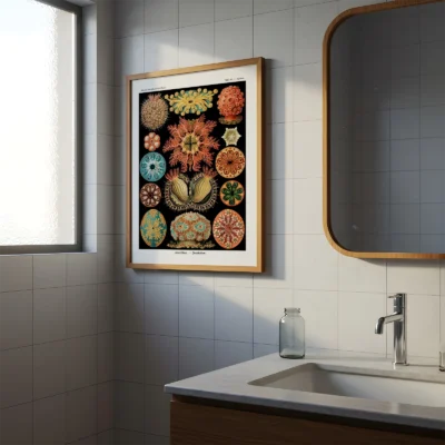 Ernst Haeckel Ascidiae poster hanging in modern bathroom interior