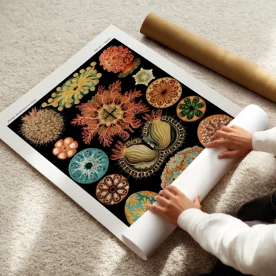 Ernst Haeckel Ascidiae print being unrolled on soft carpet