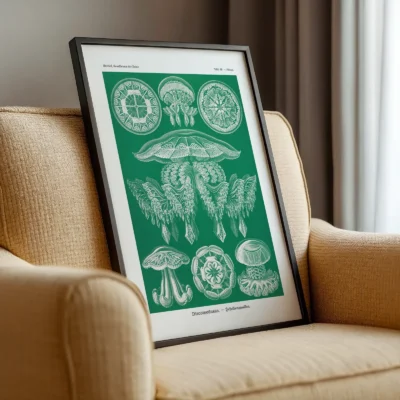 Jellyfish poster Discomedusae by Ernst Haeckel leaning on armchair