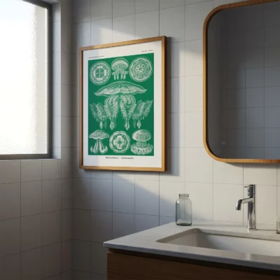 Jellyfish poster Discomedusae by Ernst Haeckel hanging in bathroom