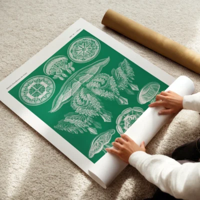 Jellyfish poster Discomedusae by Ernst Haeckel being unrolled