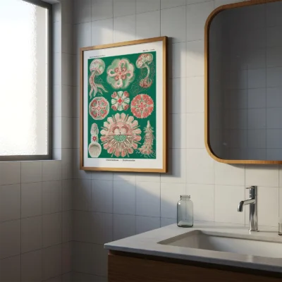 Ernst Haeckel artwork green Discomedusae hanging in bathroom