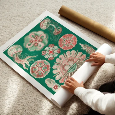 Ernst Haeckel artwork green Discomedusae being unrolled on carpet