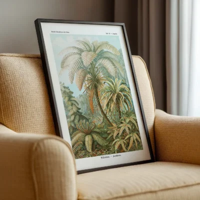 Fern botanical print by Ernst Haeckel leaning on beige armchair