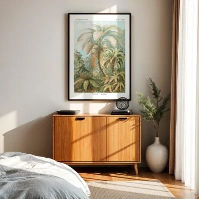 Fern botanical print by Ernst Haeckel above wooden cabinet