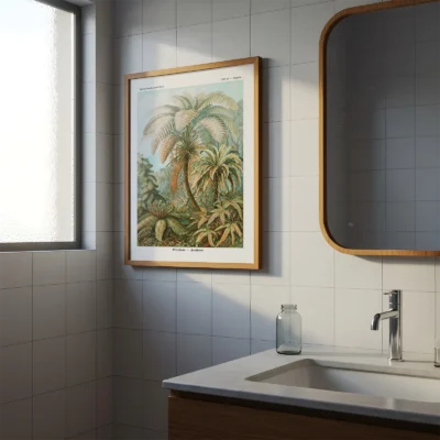 Fern botanical print by Ernst Haeckel hanging in modern bathroom
