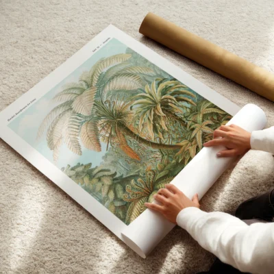 Fern botanical print by Ernst Haeckel being unrolled on carpet