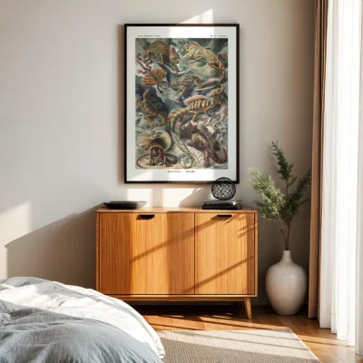 Ernst Haeckel poster reptiles above wooden cabinet in bedroom