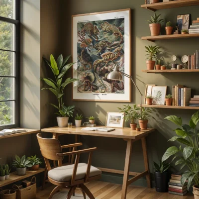 Ernst Haeckel poster reptiles displayed in home office with plants