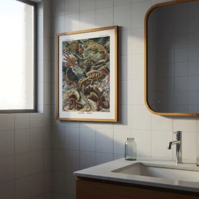 Ernst Haeckel poster reptiles hanging in modern bathroom